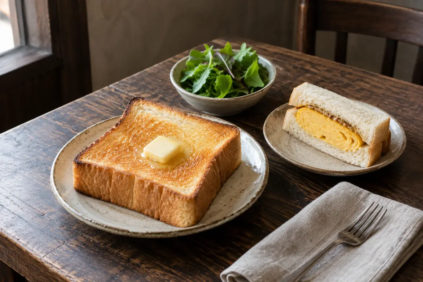 木のテーブルで楽しむ、トーストとサンドイッチの軽食