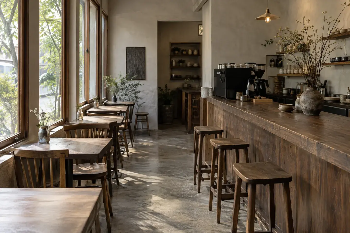 木の家具と窓からの自然光が温かい架空カフェの店内